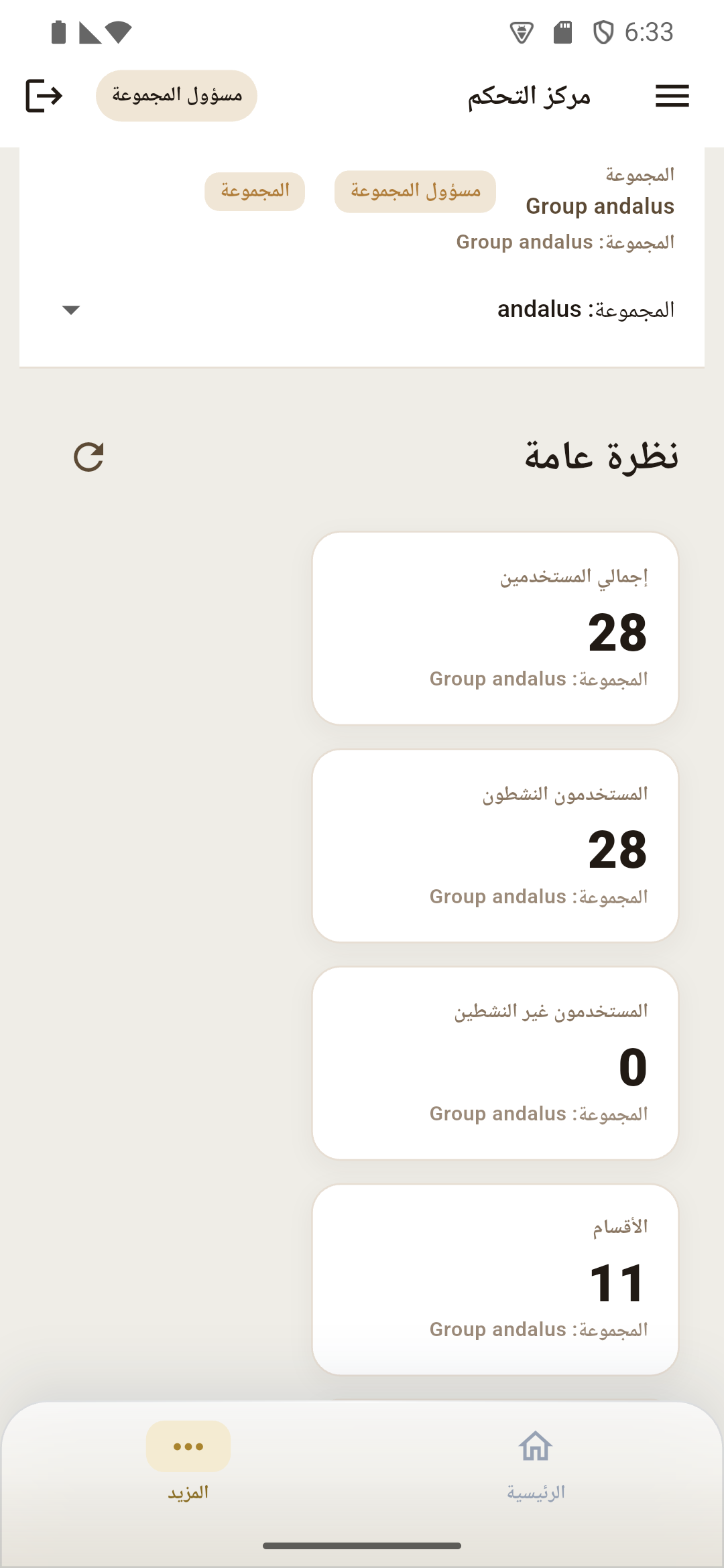 StayCrew Control Center overview showing 28 users and 11 departments
