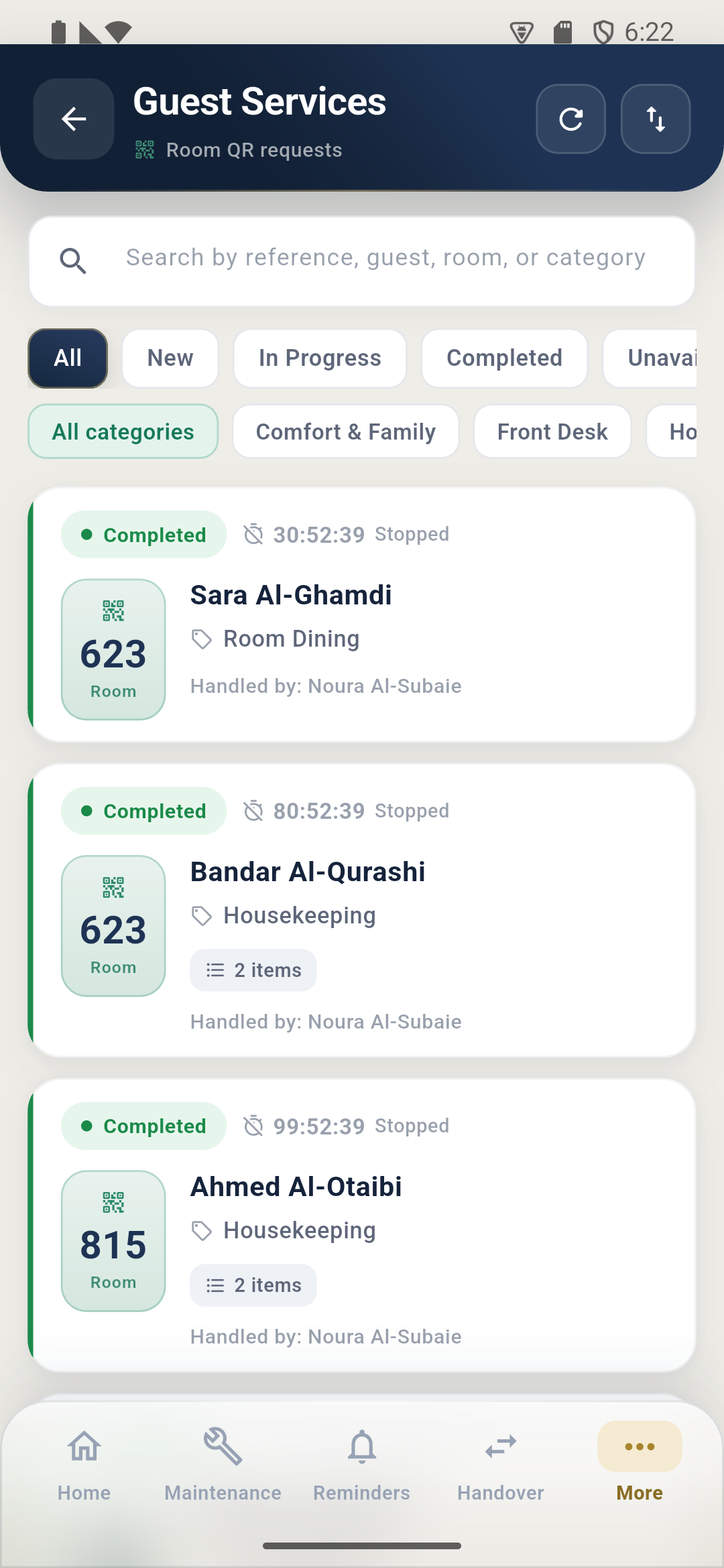 StayCrew guest services staff list showing room, guest, items, and status