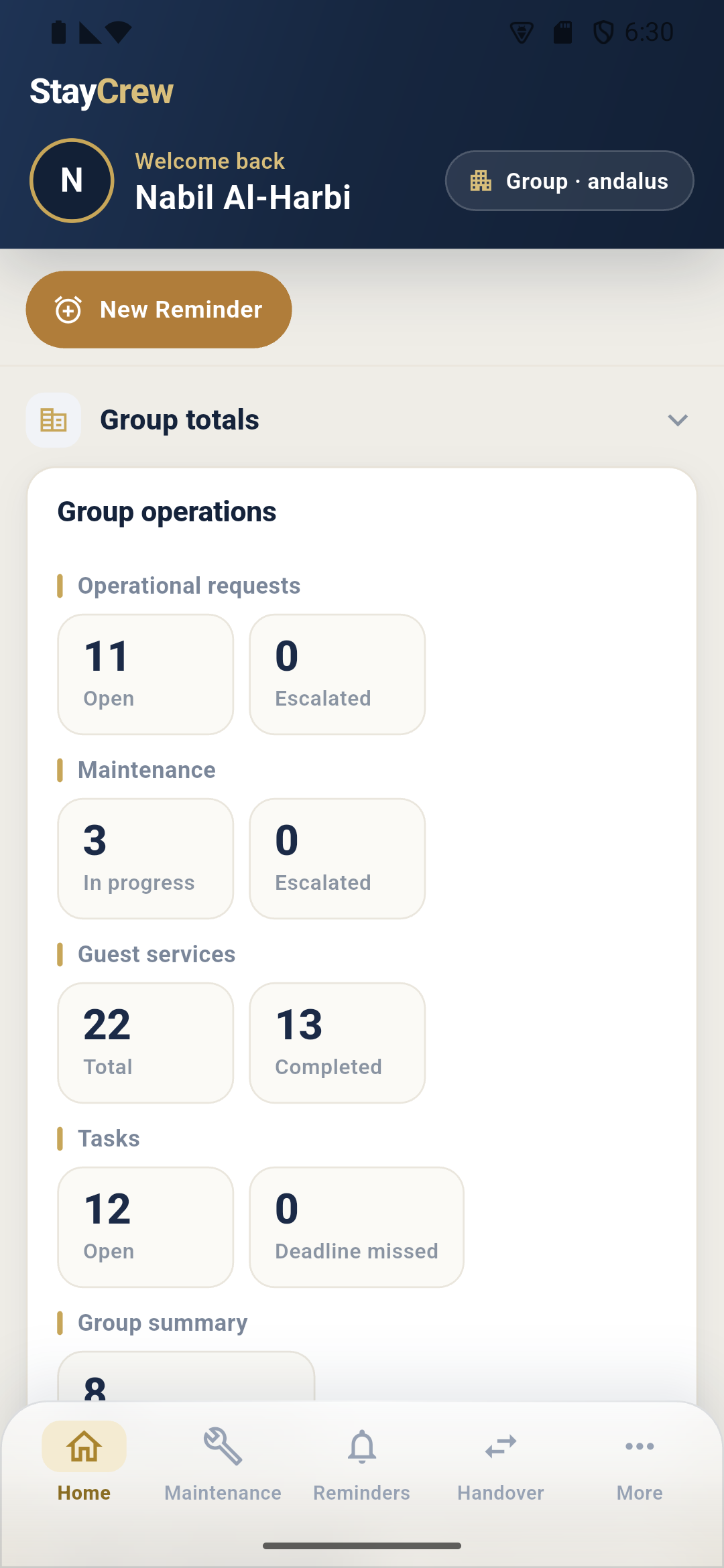 StayCrew group operations dashboard showing totals across three hotels