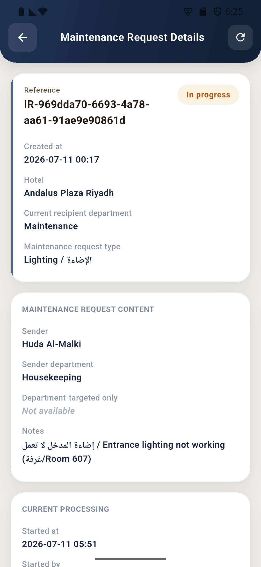 StayCrew maintenance request detail with sender, notes, and processing timeline