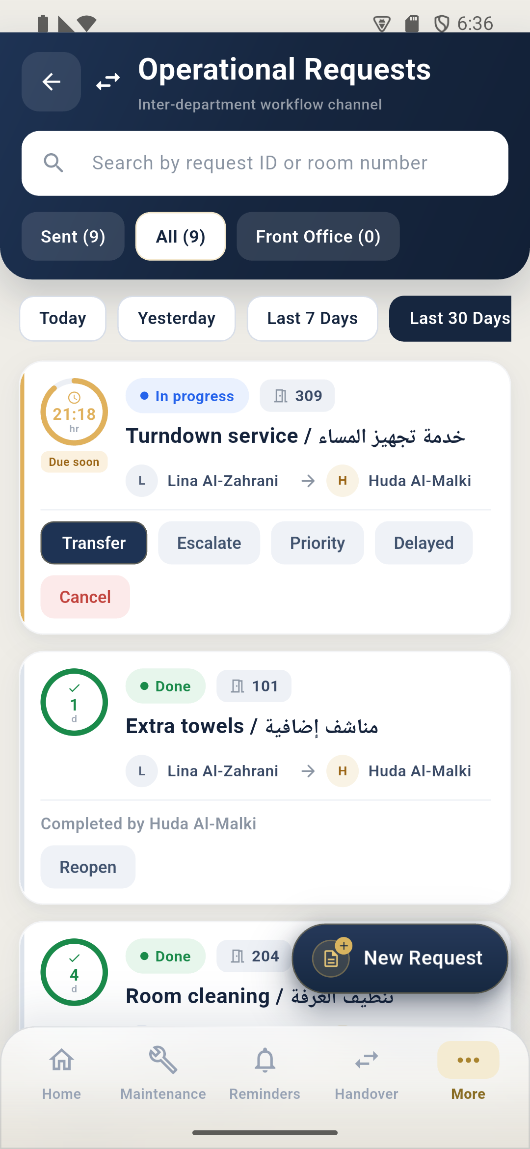 StayCrew operational requests list showing routing, SLA, and inline actions